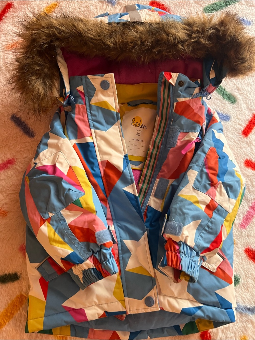 Mini Boden Multicolor Geometric Star Puffer Jacket with Faux Fur Hood